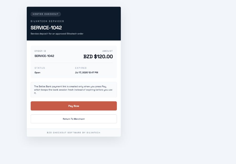 Silvatech hosted checkout showing a BZD service deposit, open status, expiry, and Pay Now button